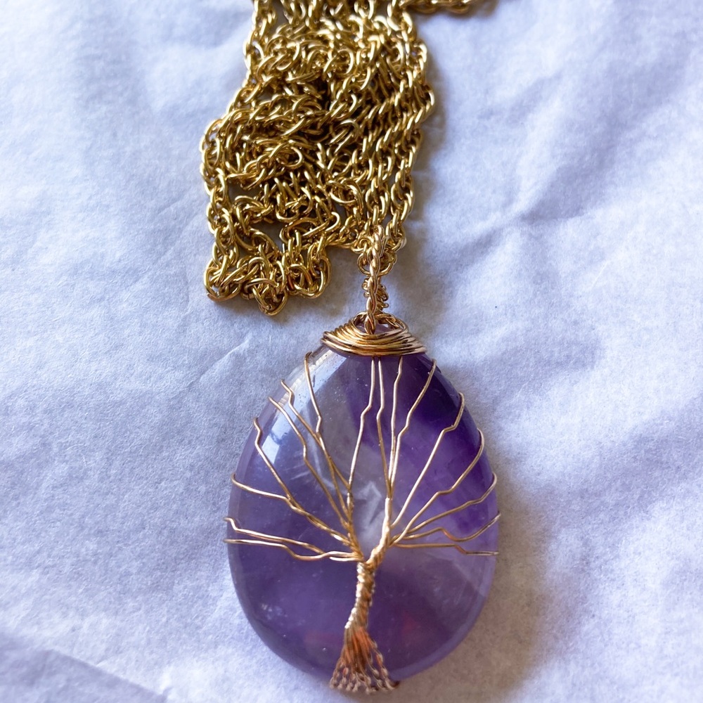 Gold Wrapped Purple Crystal Necklace Long Chain